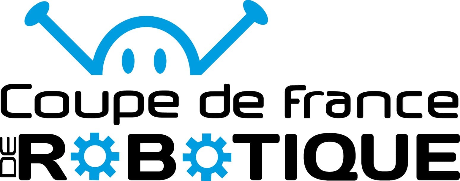 Logo de la Coupe de France de Robotique, avec un personnage stylisé en forme de robot souriant au-dessus du texte, et les lettres ‘O’ de ‘ROBOTIQUE’ représentées par des engrenages