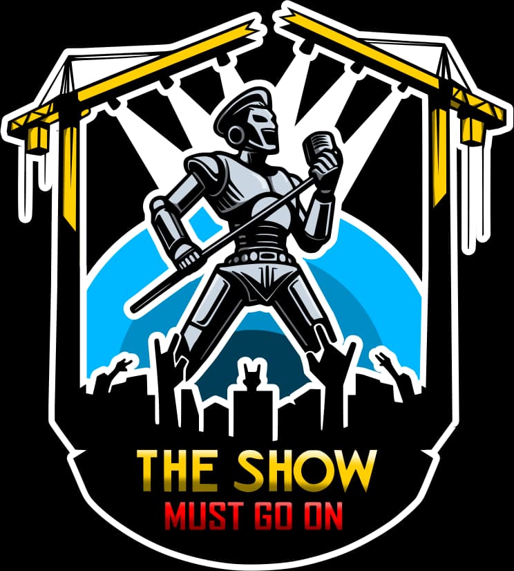 Un robot chanteur sur scène, micro à la main, devant un public en liesse, sous des projecteurs. Texte : ‘The Show Must Go On’